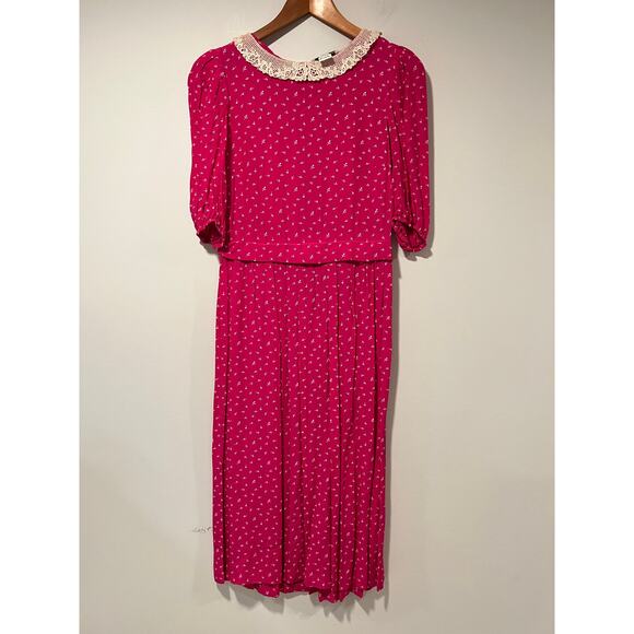 Vintage Karin Stevens Short Sleeve Rayon Midi Dress Lace Trim Hot Pink Sz 8 JL - Picture 1 of 13